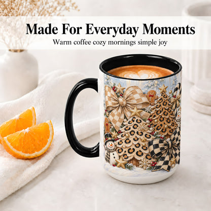 #pl[15oz|Black] Leopard Christmas Trees Accent Mug, Ceramic Cup with Snowmen