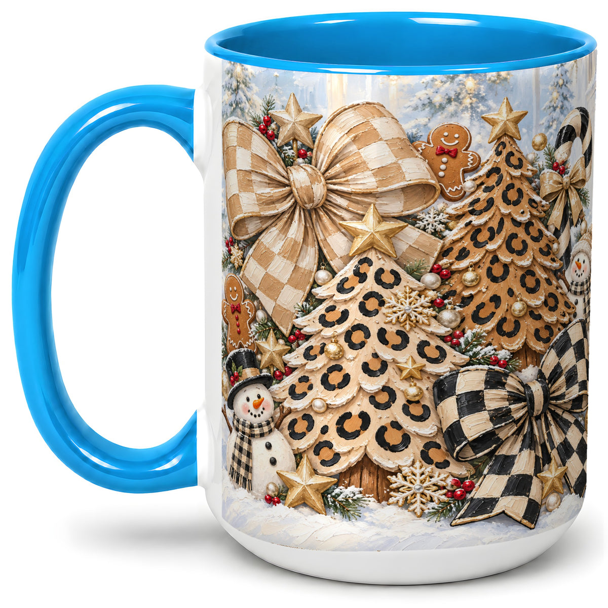 #pl[15oz|Blue] Leopard Christmas Trees Accent Mug, Ceramic Cup with Snowmen