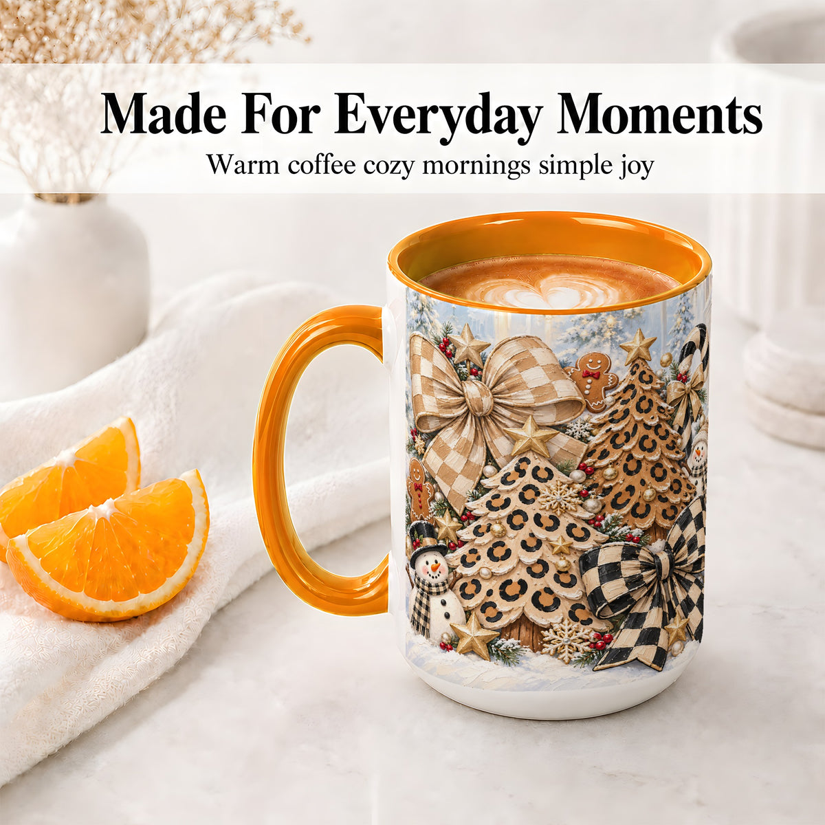 #pl[15oz|Orange] Leopard Christmas Trees Accent Mug, Ceramic Cup with Snowmen