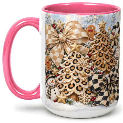 #pl[15oz|Pink] Leopard Christmas Trees Accent Mug, Ceramic Cup with Snowmen