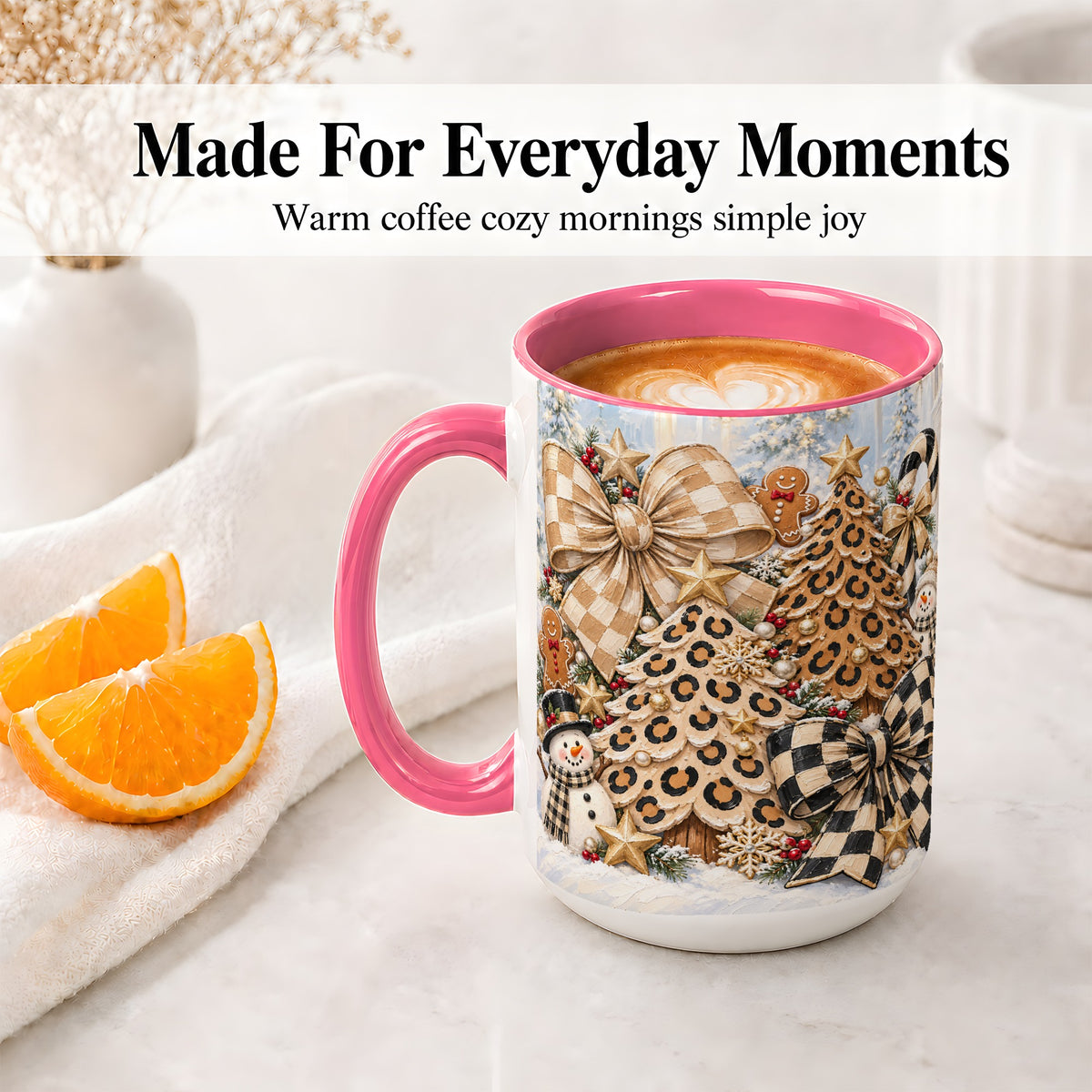 #pl[15oz|Pink] Leopard Christmas Trees Accent Mug, Ceramic Cup with Snowmen