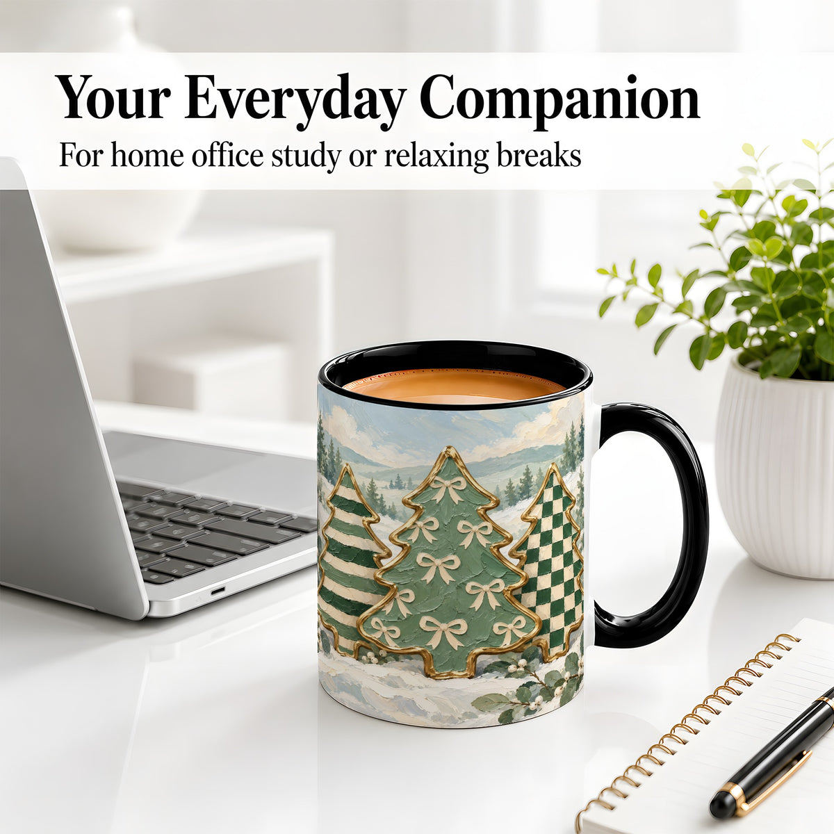 #pl[11oz|Black] Christmas Tree Accent Mug, Ceramic Cup with Green Checkered Art