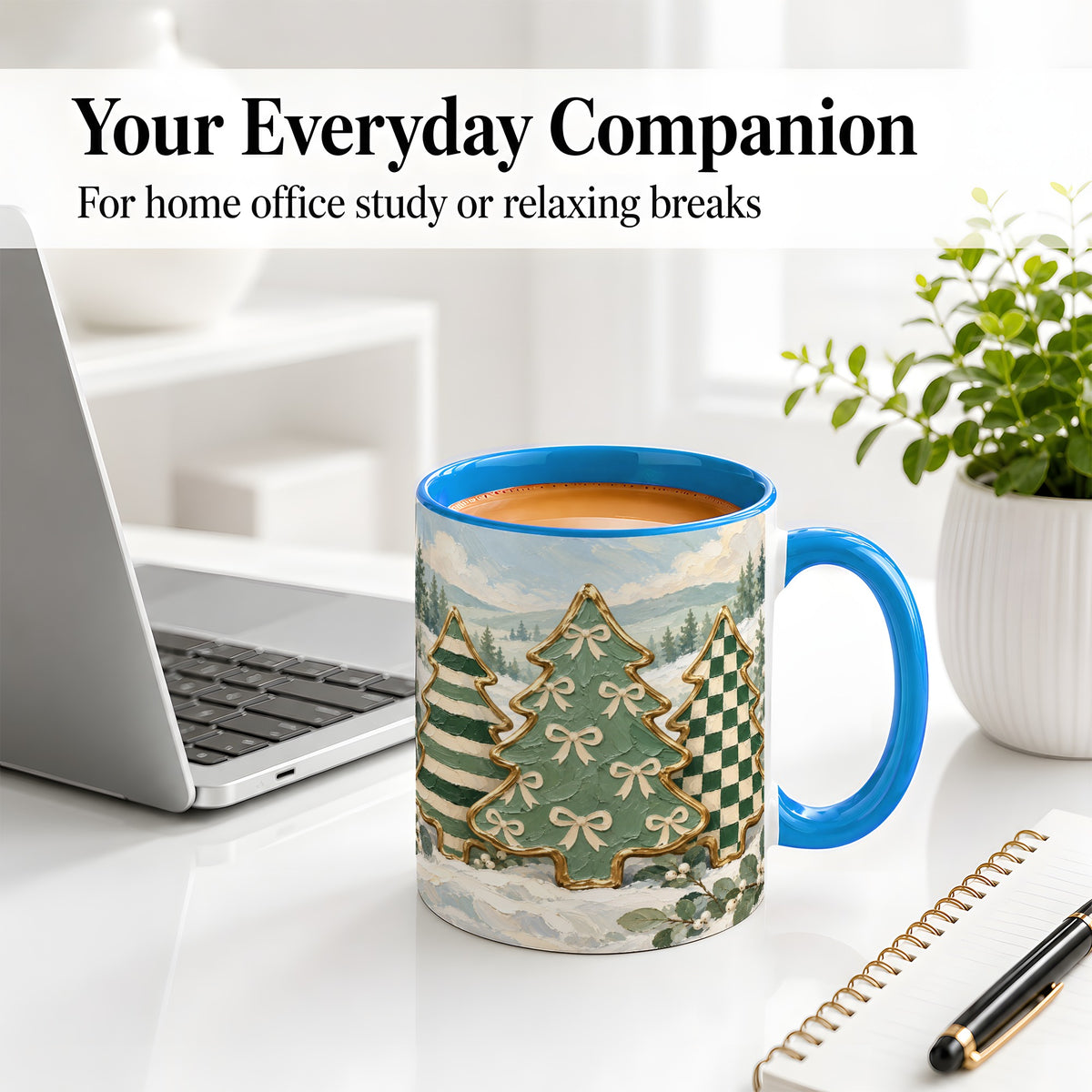 #pl[11oz|Blue] Christmas Tree Accent Mug, Ceramic Cup with Green Checkered Art