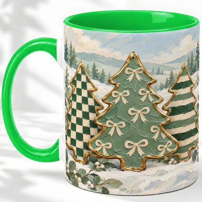 #pl[11oz|Green] Christmas Tree Accent Mug, Ceramic Cup with Green Checkered Art