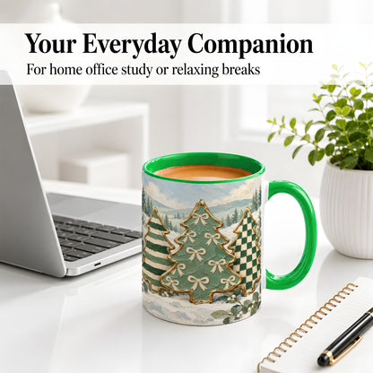 #pl[11oz|Green] Christmas Tree Accent Mug, Ceramic Cup with Green Checkered Art