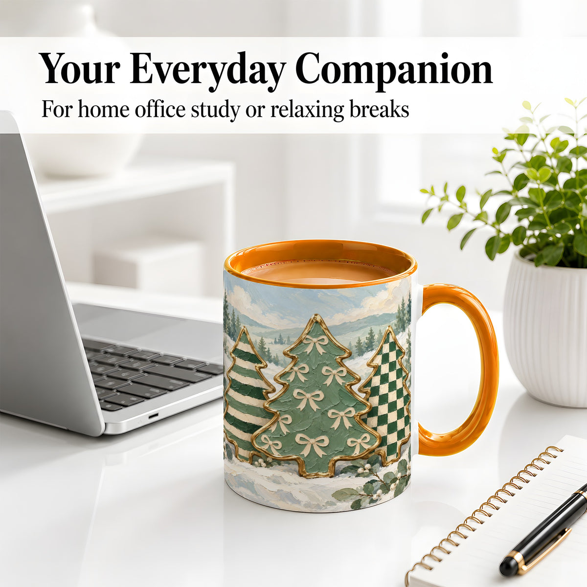 #pl[11oz|Orange] Christmas Tree Accent Mug, Ceramic Cup with Green Checkered Art