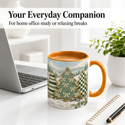 #pl[11oz|Orange] Christmas Tree Accent Mug, Ceramic Cup with Green Checkered Art