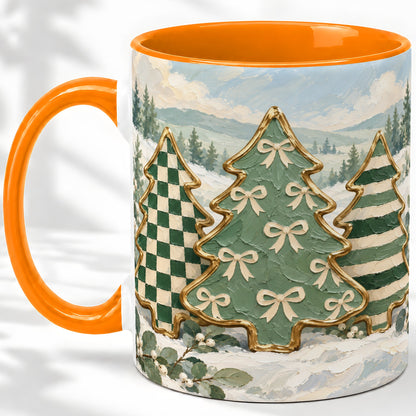 #pl[11oz|Orange] Christmas Tree Accent Mug, Ceramic Cup with Green Checkered Art