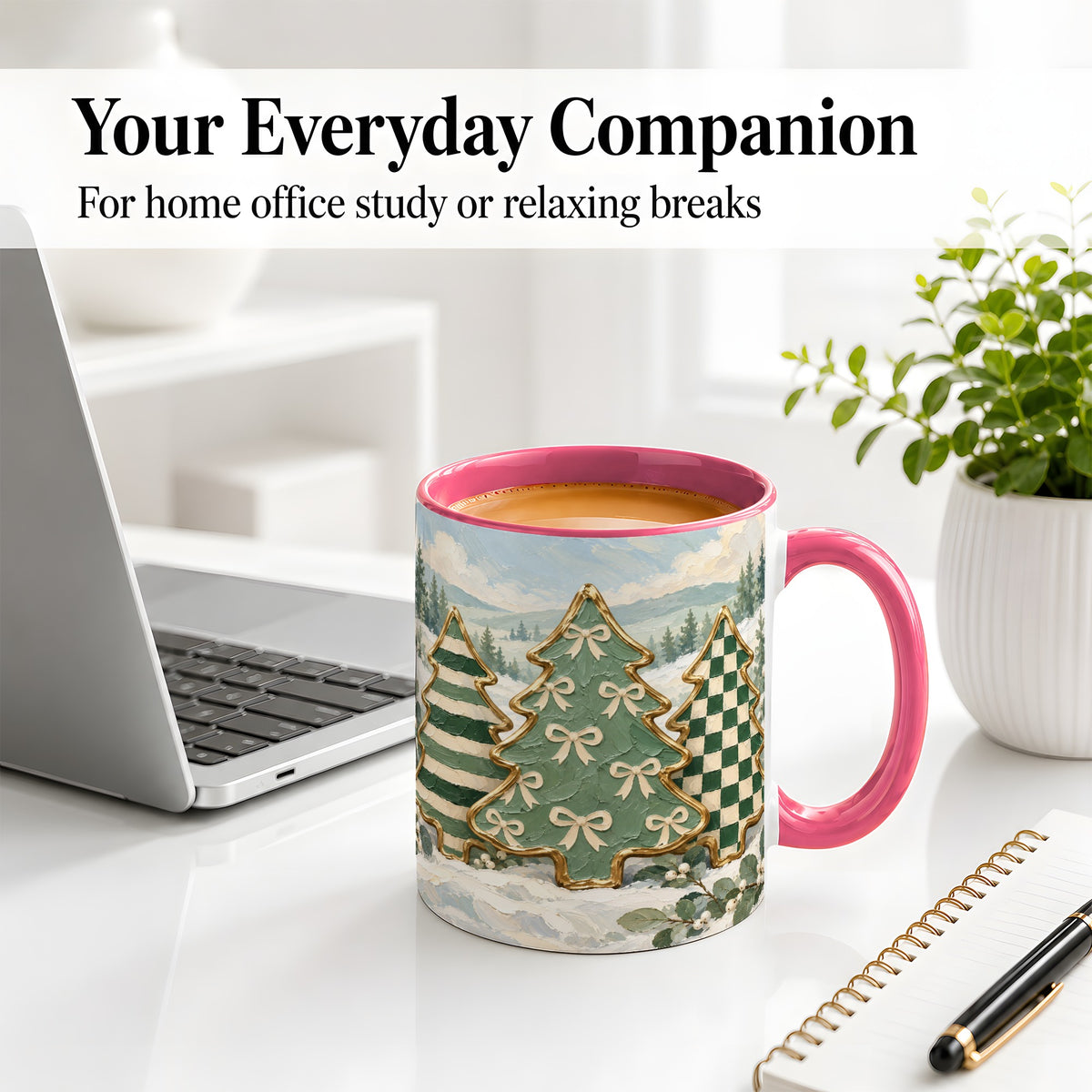 #pl[11oz|Pink] Christmas Tree Accent Mug, Ceramic Cup with Green Checkered Art