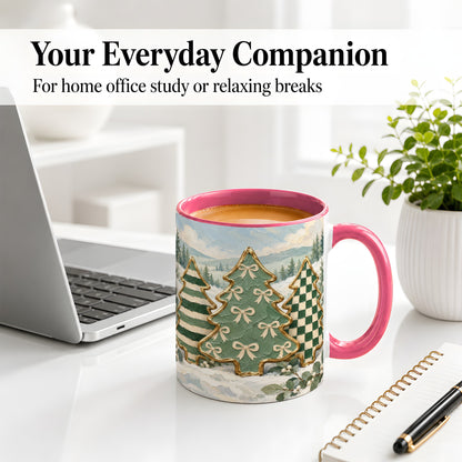 #pl[11oz|Pink] Christmas Tree Accent Mug, Ceramic Cup with Green Checkered Art