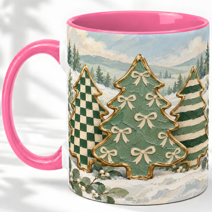 #pl[11oz|Pink] Christmas Tree Accent Mug, Ceramic Cup with Green Checkered Art