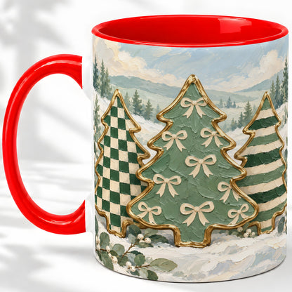 Christmas Tree Accent Mug, Ceramic Cup with Green Checkered Art