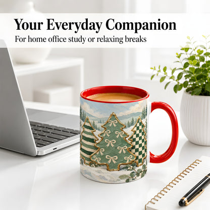 #pl[11oz|Red] Christmas Tree Accent Mug, Ceramic Cup with Green Checkered Art