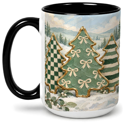 #pl[15oz|Black] Christmas Tree Accent Mug, Ceramic Cup with Green Checkered Art