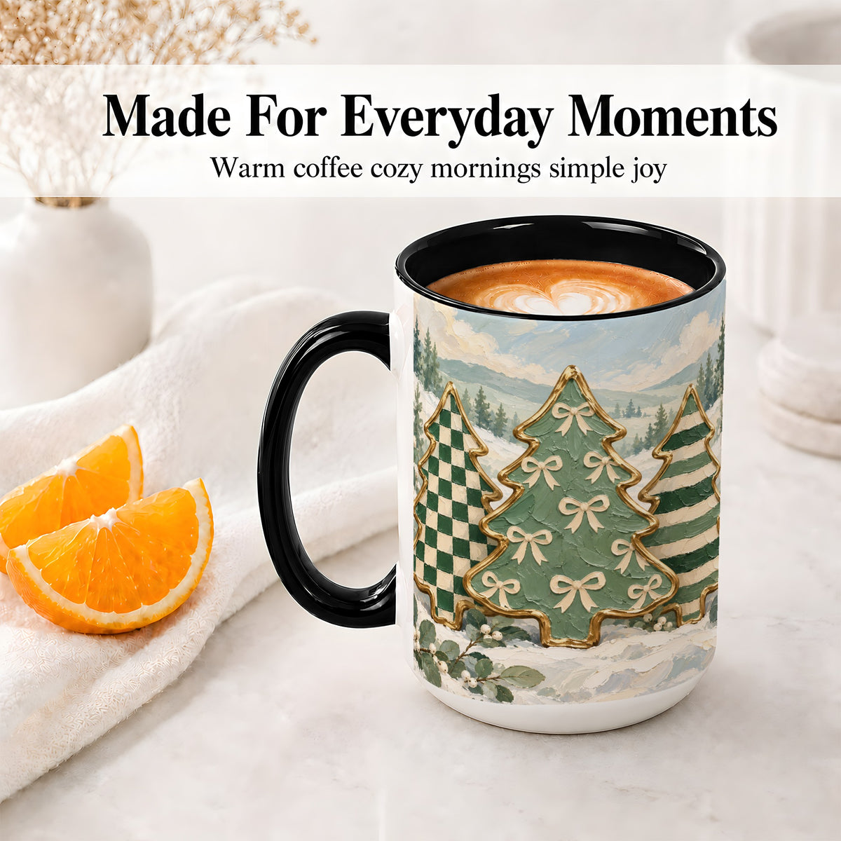 #pl[15oz|Black] Christmas Tree Accent Mug, Ceramic Cup with Green Checkered Art