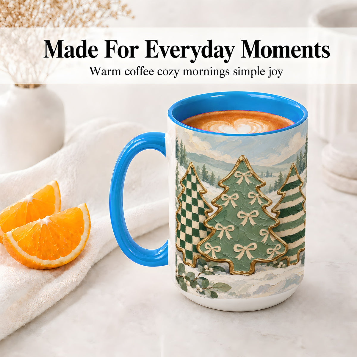 #pl[15oz|Blue] Christmas Tree Accent Mug, Ceramic Cup with Green Checkered Art