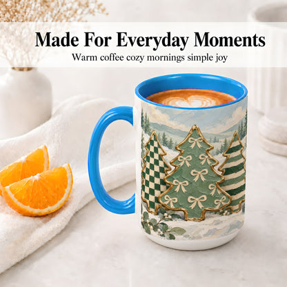 #pl[15oz|Blue] Christmas Tree Accent Mug, Ceramic Cup with Green Checkered Art