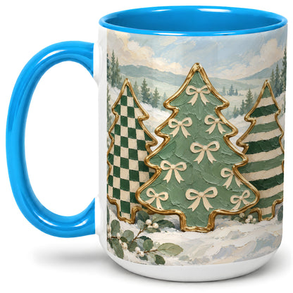 #pl[15oz|Blue] Christmas Tree Accent Mug, Ceramic Cup with Green Checkered Art