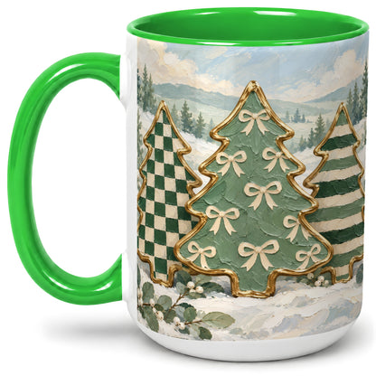 #pl[15oz|Green] Christmas Tree Accent Mug, Ceramic Cup with Green Checkered Art