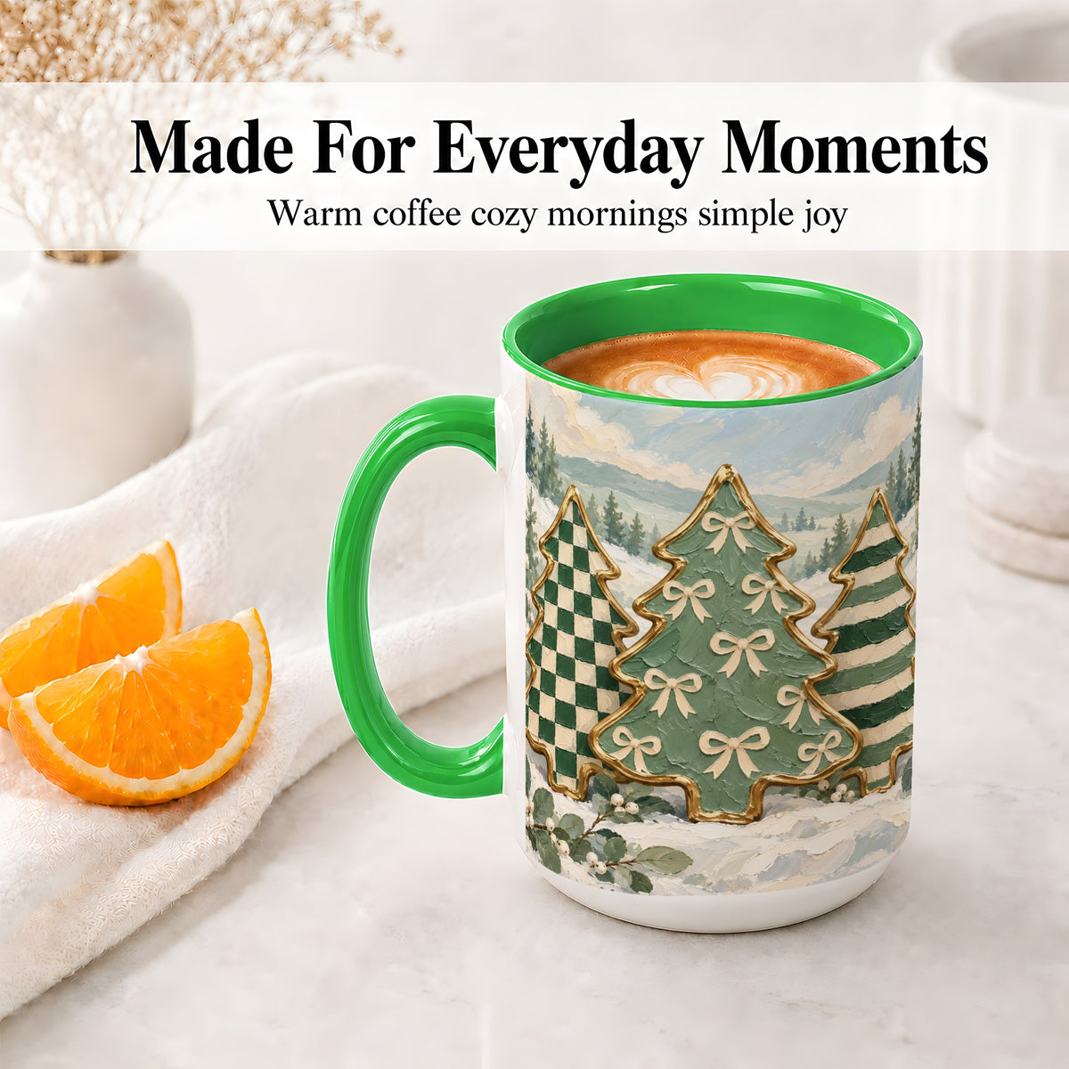 #pl[15oz|Green] Christmas Tree Accent Mug, Ceramic Cup with Green Checkered Art