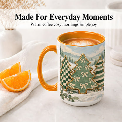 #pl[15oz|Orange] Christmas Tree Accent Mug, Ceramic Cup with Green Checkered Art