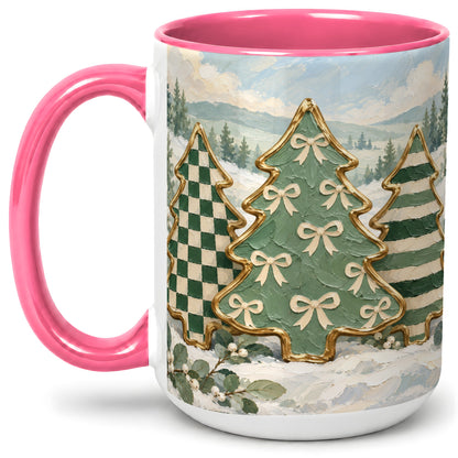 #pl[15oz|Pink] Christmas Tree Accent Mug, Ceramic Cup with Green Checkered Art