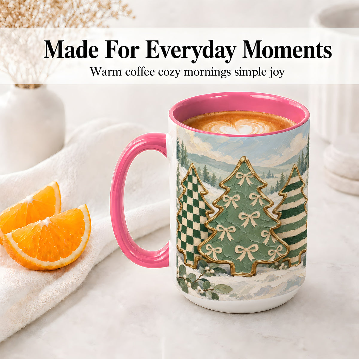 #pl[15oz|Pink] Christmas Tree Accent Mug, Ceramic Cup with Green Checkered Art