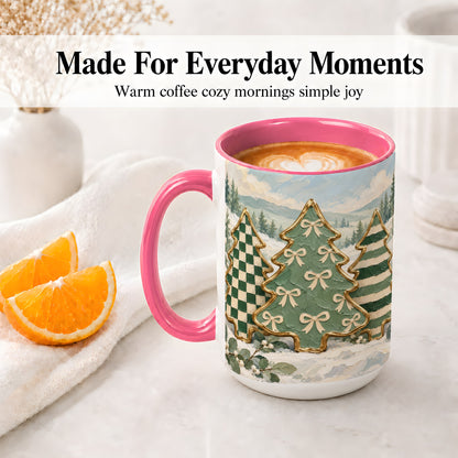 #pl[15oz|Pink] Christmas Tree Accent Mug, Ceramic Cup with Green Checkered Art