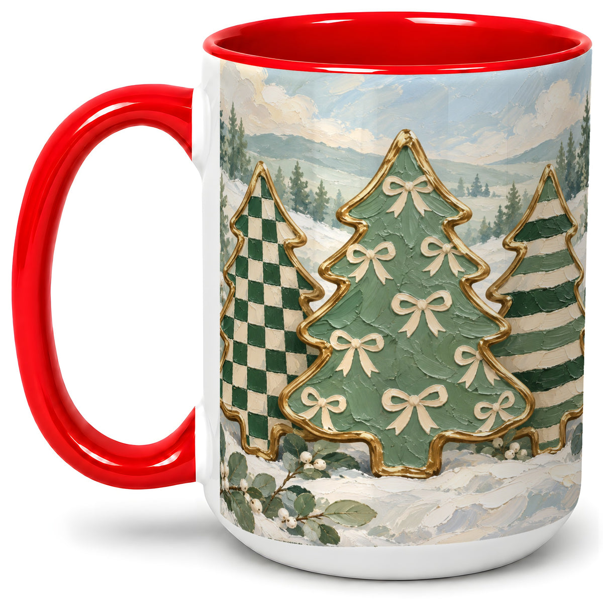 #pl[15oz|Red] Christmas Tree Accent Mug, Ceramic Cup with Green Checkered Art