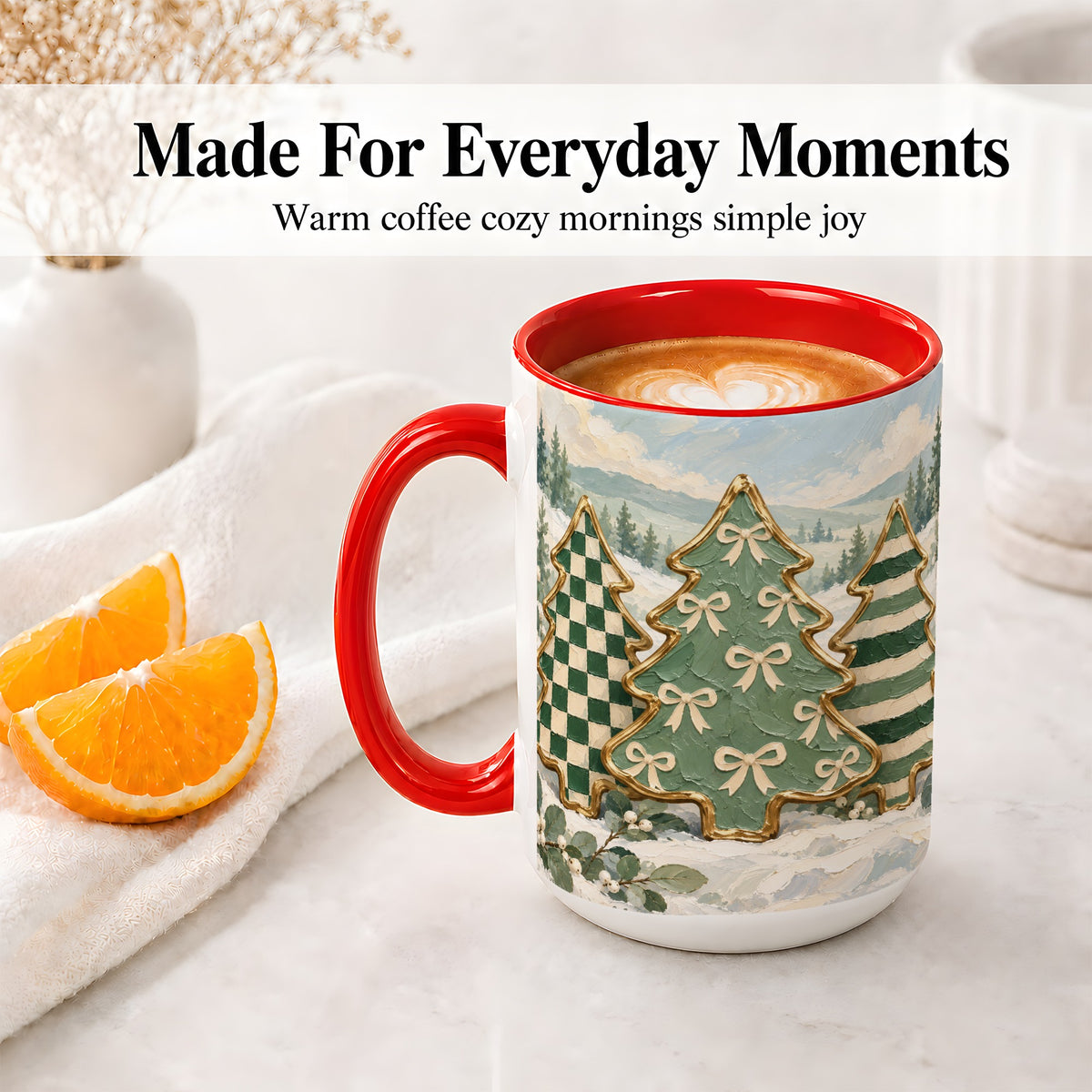 #pl[15oz|Red] Christmas Tree Accent Mug, Ceramic Cup with Green Checkered Art