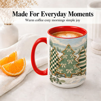 #pl[15oz|Red] Christmas Tree Accent Mug, Ceramic Cup with Green Checkered Art