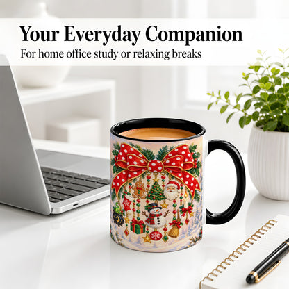 #pl[11oz|Black] Christmas Bow Accent Mug, Ceramic Cup with Holiday Ornament Art