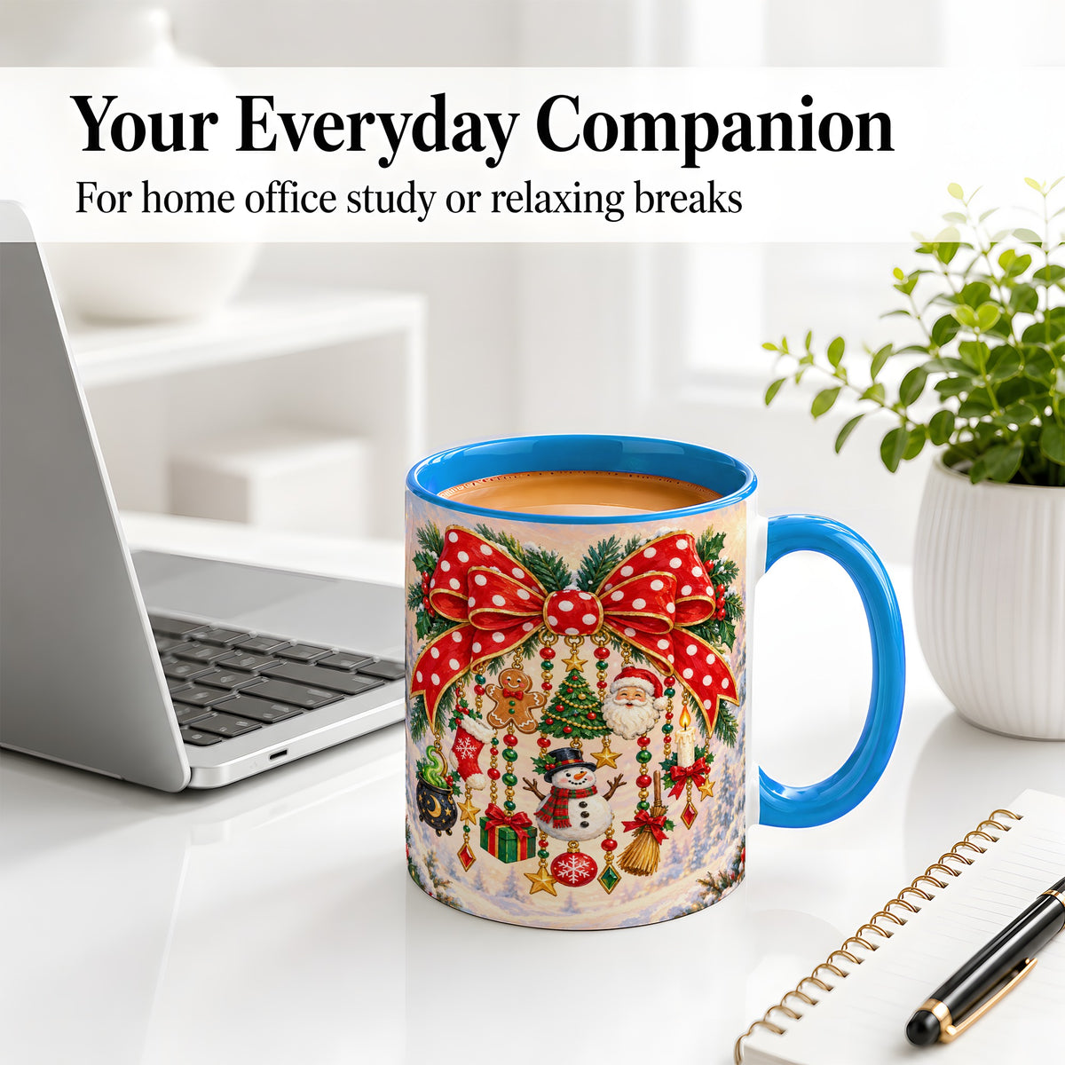 #pl[11oz|Blue] Christmas Bow Accent Mug, Ceramic Cup with Holiday Ornament Art