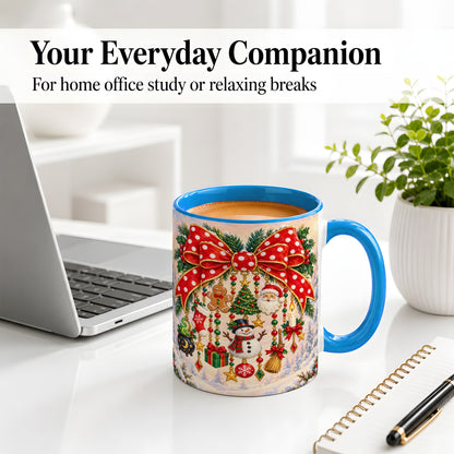 #pl[11oz|Blue] Christmas Bow Accent Mug, Ceramic Cup with Holiday Ornament Art