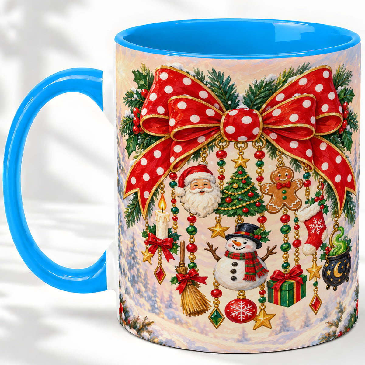 #pl[11oz|Blue] Christmas Bow Accent Mug, Ceramic Cup with Holiday Ornament Art