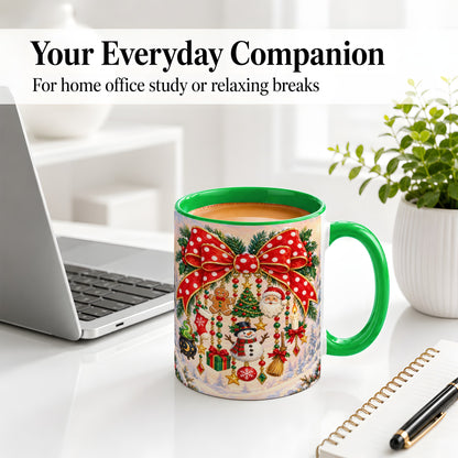 #pl[11oz|Green] Christmas Bow Accent Mug, Ceramic Cup with Holiday Ornament Art