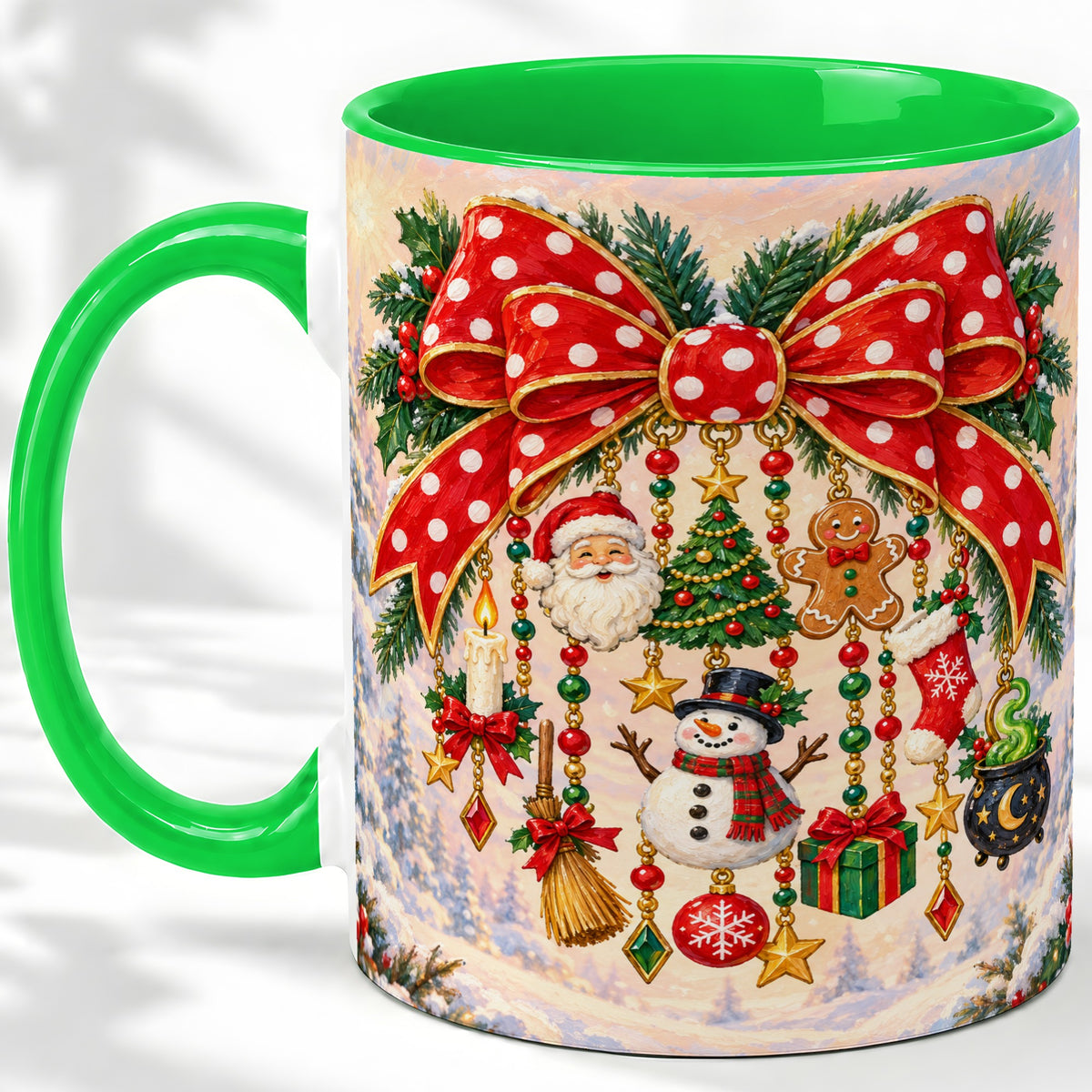 #pl[11oz|Green] Christmas Bow Accent Mug, Ceramic Cup with Holiday Ornament Art
