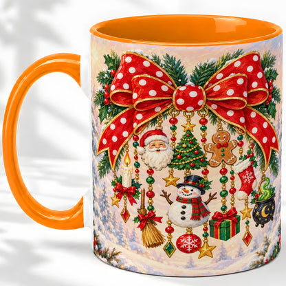 #pl[11oz|Orange] Christmas Bow Accent Mug, Ceramic Cup with Holiday Ornament Art