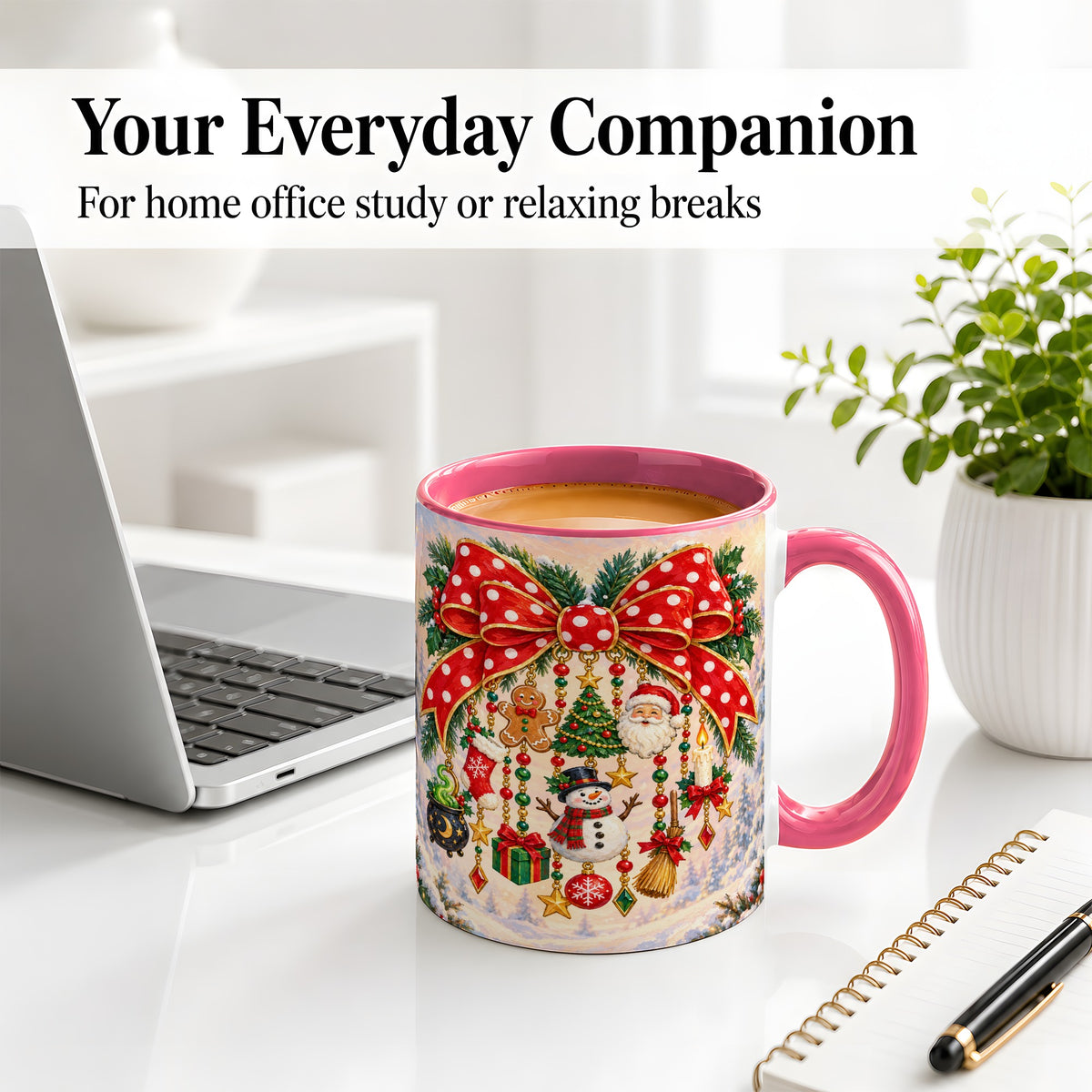 #pl[11oz|Pink] Christmas Bow Accent Mug, Ceramic Cup with Holiday Ornament Art