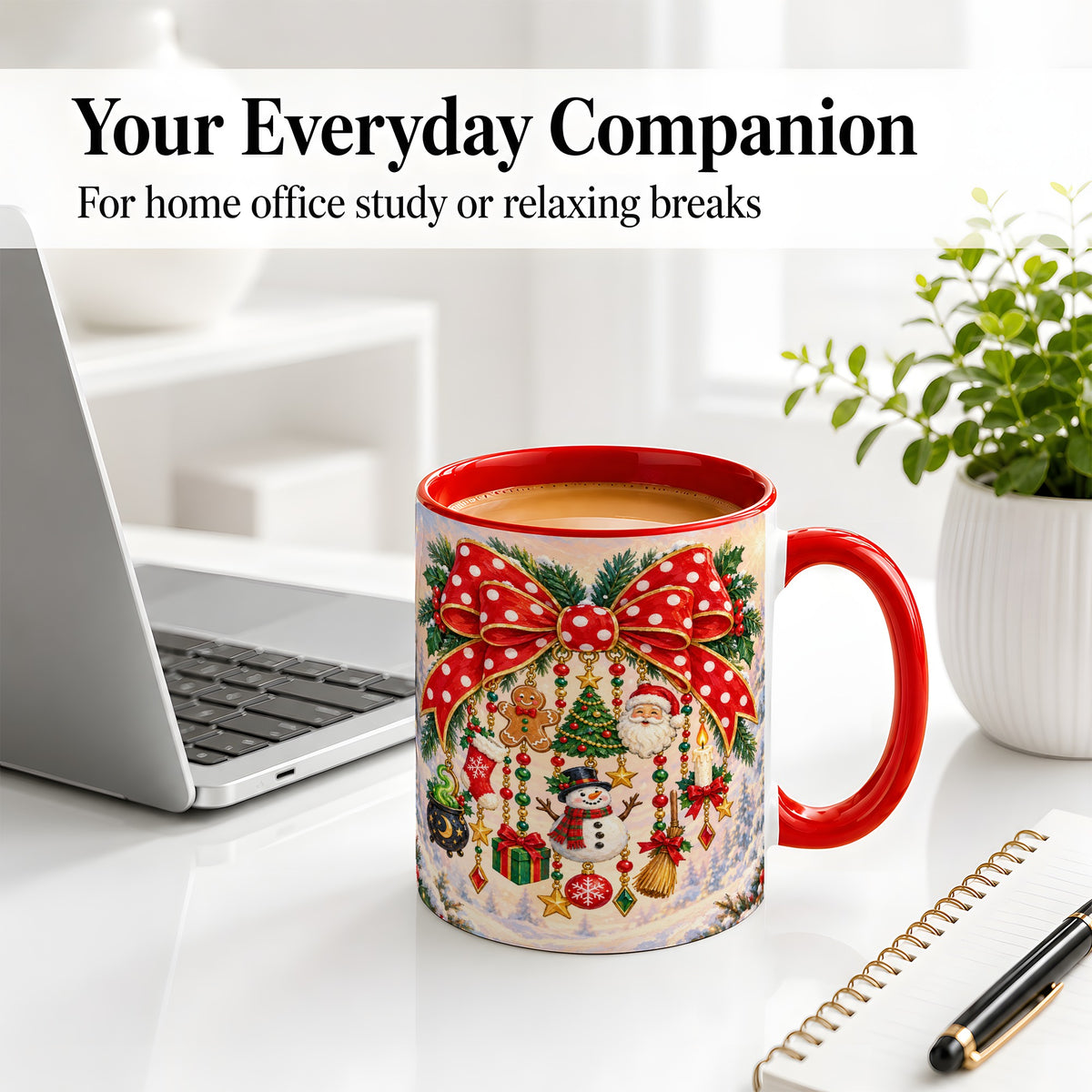 #pl[11oz|Red] Christmas Bow Accent Mug, Ceramic Cup with Holiday Ornament Art