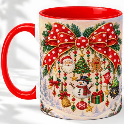 Christmas Bow Accent Mug, Ceramic Cup with Holiday Ornament Art