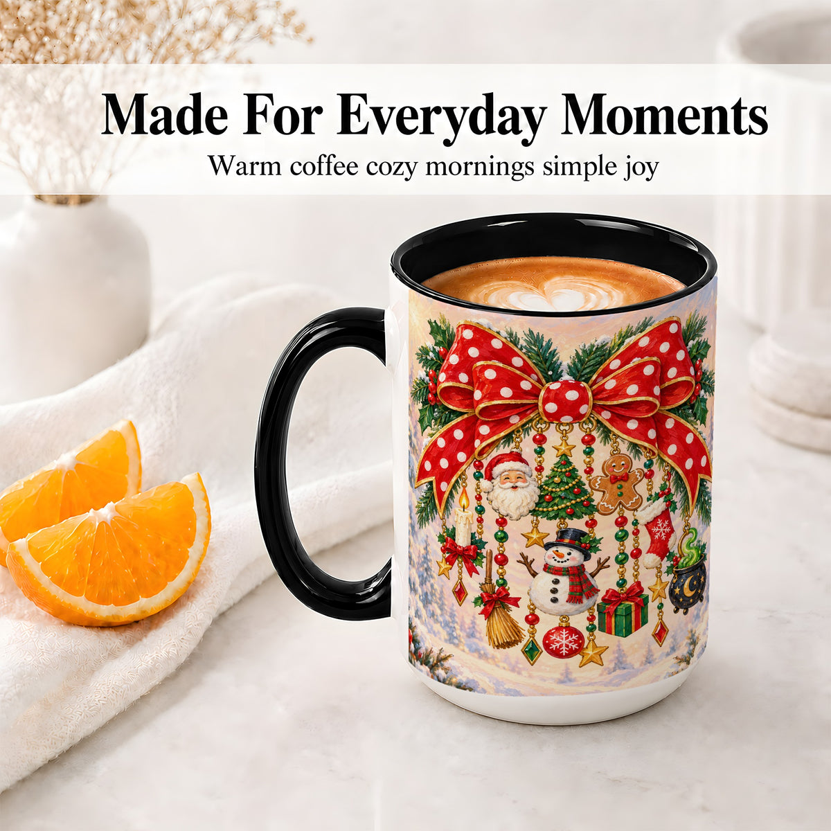 #pl[15oz|Black] Christmas Bow Accent Mug, Ceramic Cup with Holiday Ornament Art