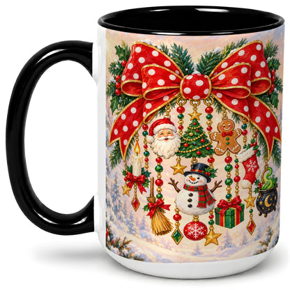 #pl[15oz|Black] Christmas Bow Accent Mug, Ceramic Cup with Holiday Ornament Art