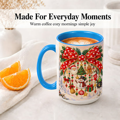 #pl[15oz|Blue] Christmas Bow Accent Mug, Ceramic Cup with Holiday Ornament Art