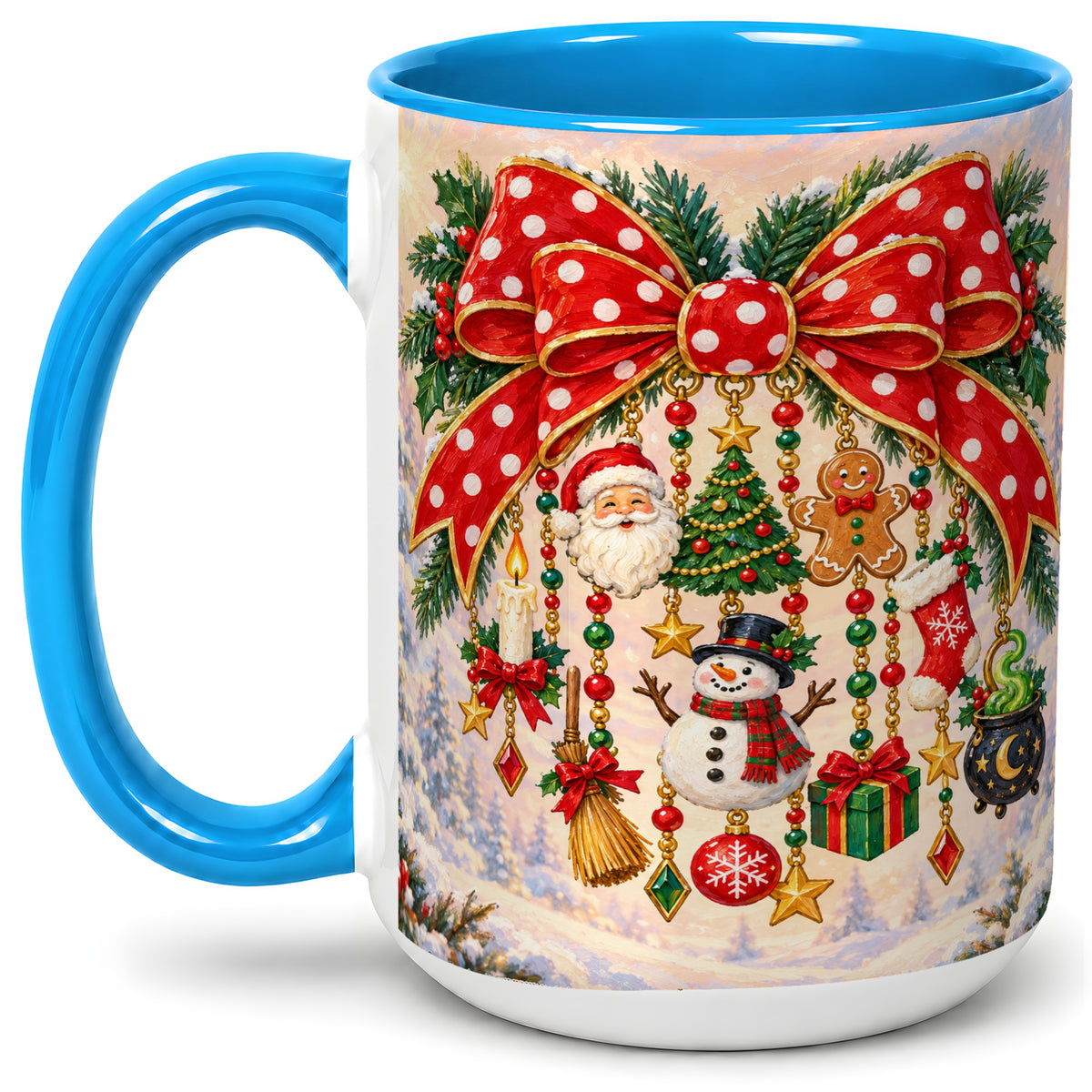 #pl[15oz|Blue] Christmas Bow Accent Mug, Ceramic Cup with Holiday Ornament Art
