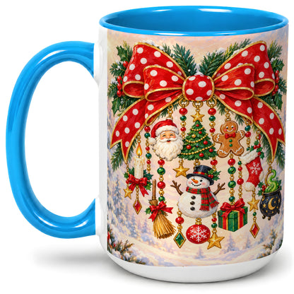 #pl[15oz|Blue] Christmas Bow Accent Mug, Ceramic Cup with Holiday Ornament Art