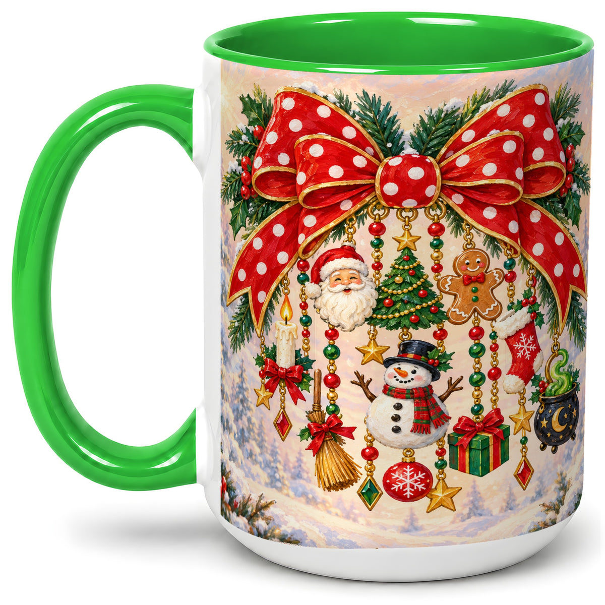 #pl[15oz|Green] Christmas Bow Accent Mug, Ceramic Cup with Holiday Ornament Art