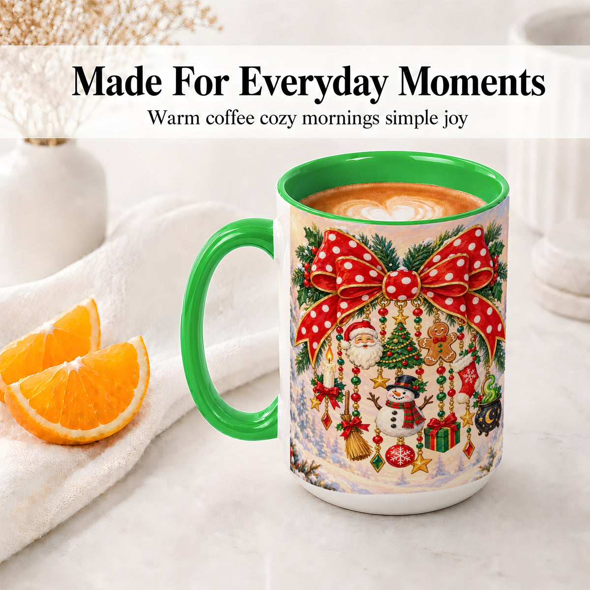 #pl[15oz|Green] Christmas Bow Accent Mug, Ceramic Cup with Holiday Ornament Art