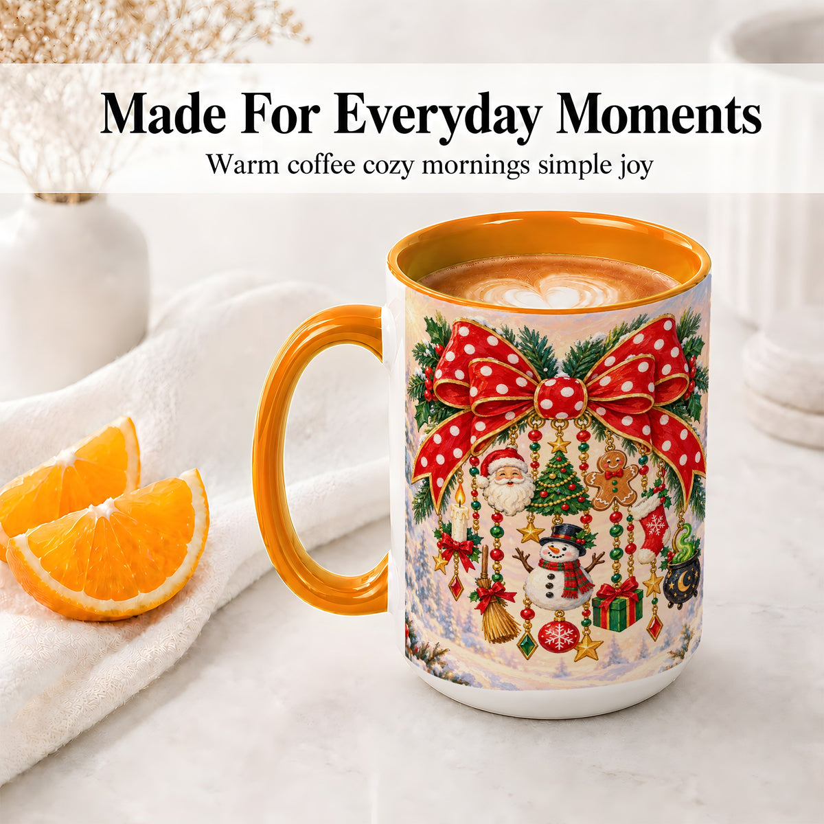 #pl[15oz|Orange] Christmas Bow Accent Mug, Ceramic Cup with Holiday Ornament Art