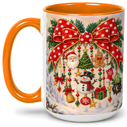 #pl[15oz|Orange] Christmas Bow Accent Mug, Ceramic Cup with Holiday Ornament Art